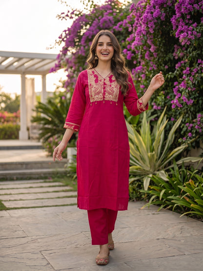 Solid Floral Embroidered Straight Kurta with Pant & Dupatta - Rani