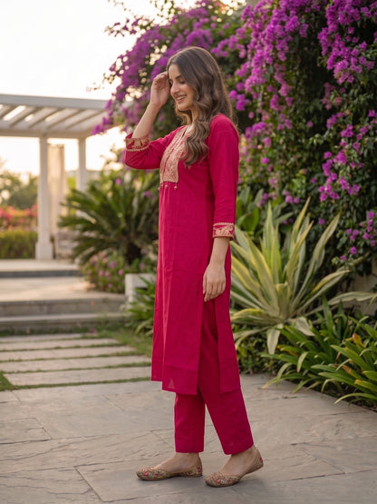 Solid Floral Embroidered Straight Kurta with Pant & Dupatta - Rani