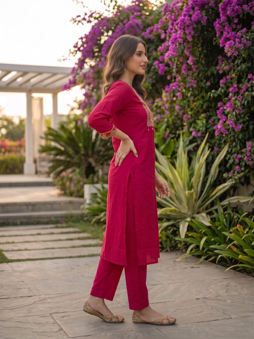 Solid Floral Embroidered Straight Kurta with Pant & Dupatta - Rani