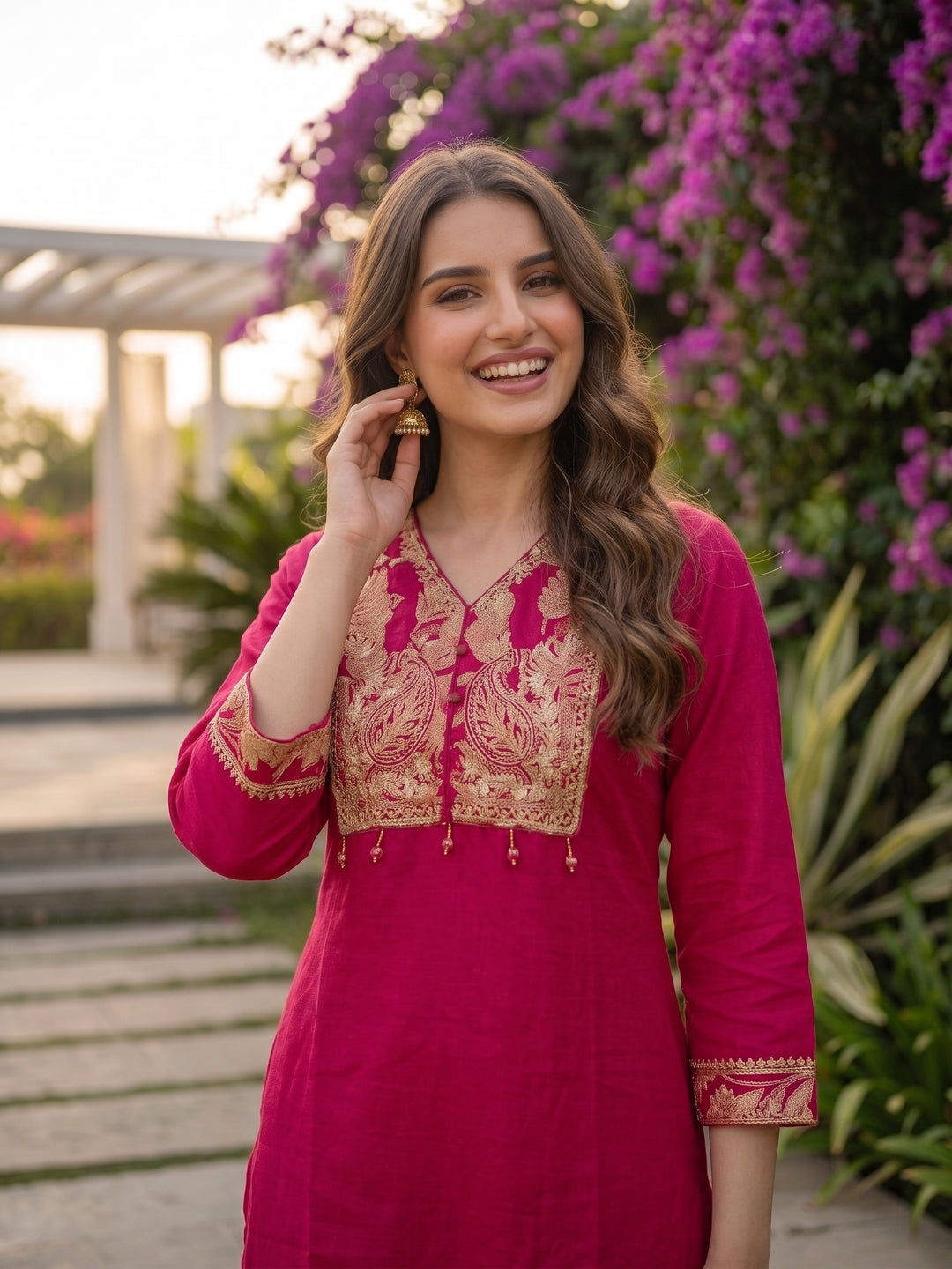 Solid Floral Embroidered Straight Kurta with Pant & Dupatta - Rani