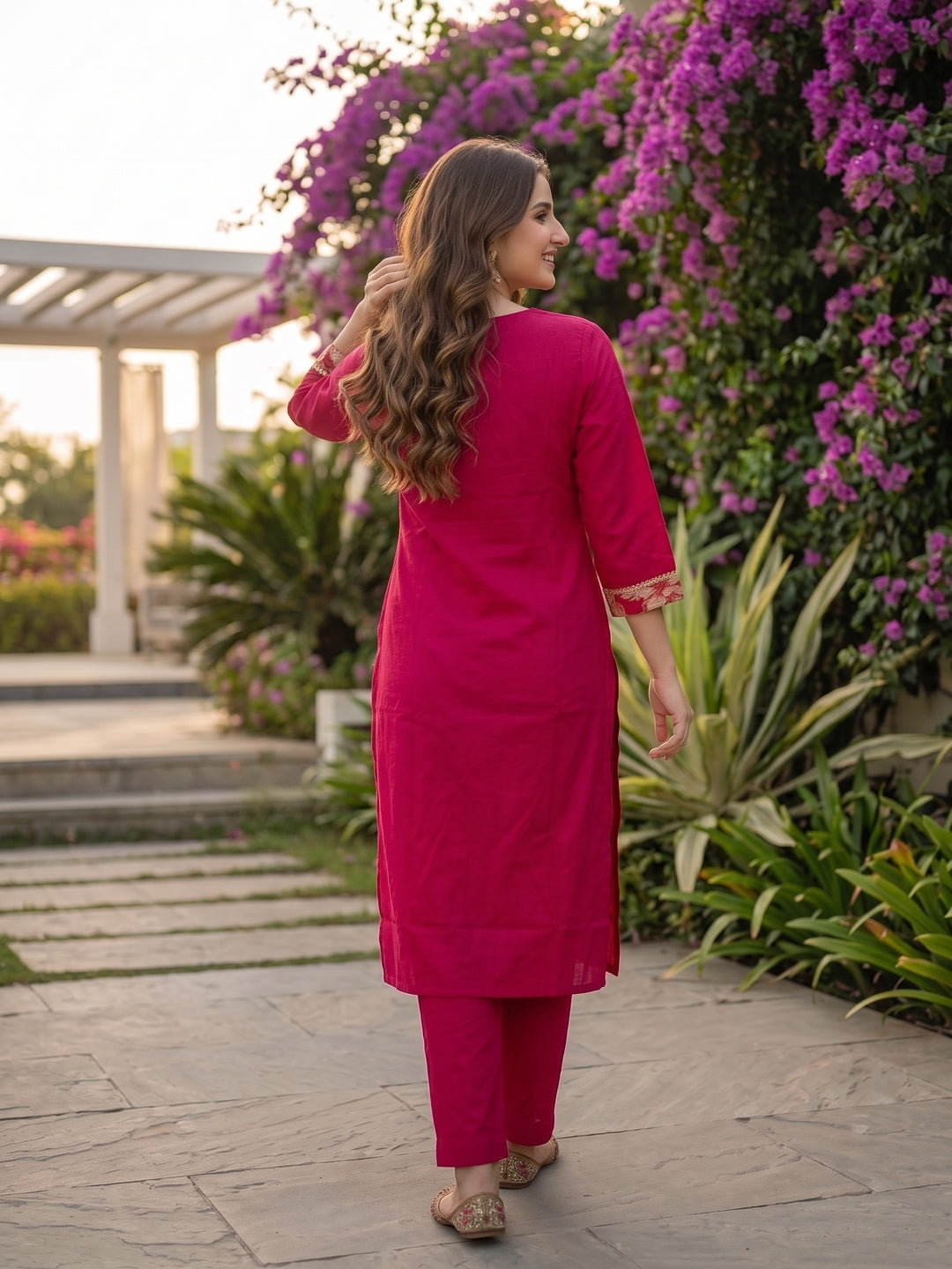 Solid Floral Embroidered Straight Kurta with Pant & Dupatta - Rani