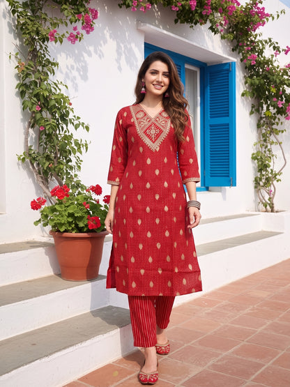 Bandhani Printed & Embroidered Straight Kurta with Pant & Dupatta - Red