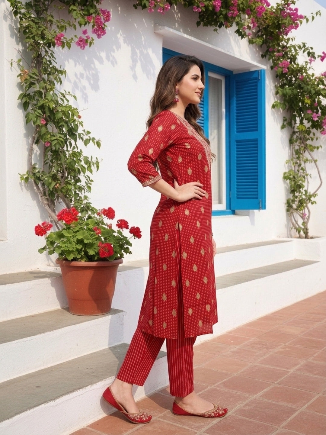 Bandhani Printed & Embroidered Straight Kurta with Pant & Dupatta - Red
