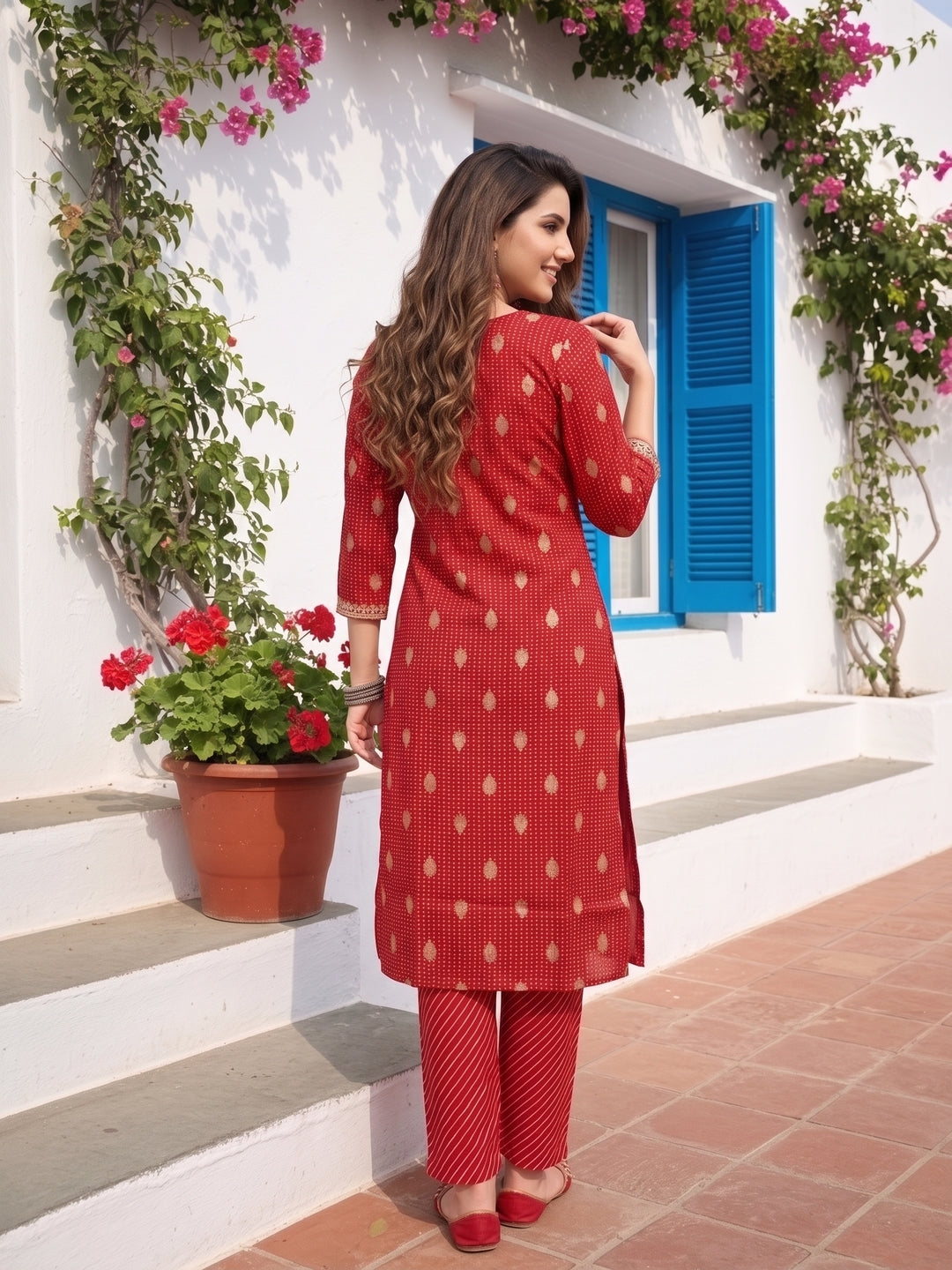 Bandhani Printed & Embroidered Straight Kurta with Pant & Dupatta - Red