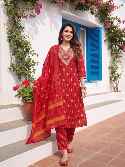 Bandhani Printed & Embroidered Straight Kurta with Pant & Dupatta - Red