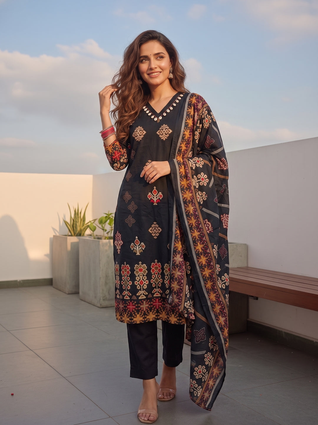 Ethnic Floral Printed Straight Kurta with Pant & Dupatta - Black