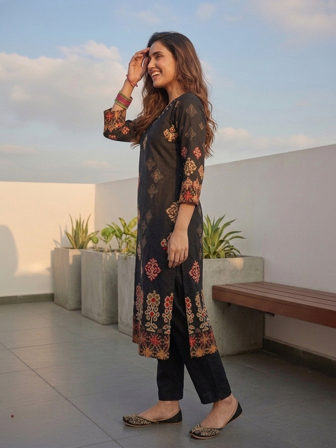 Ethnic Floral Printed Straight Kurta with Pant & Dupatta - Black