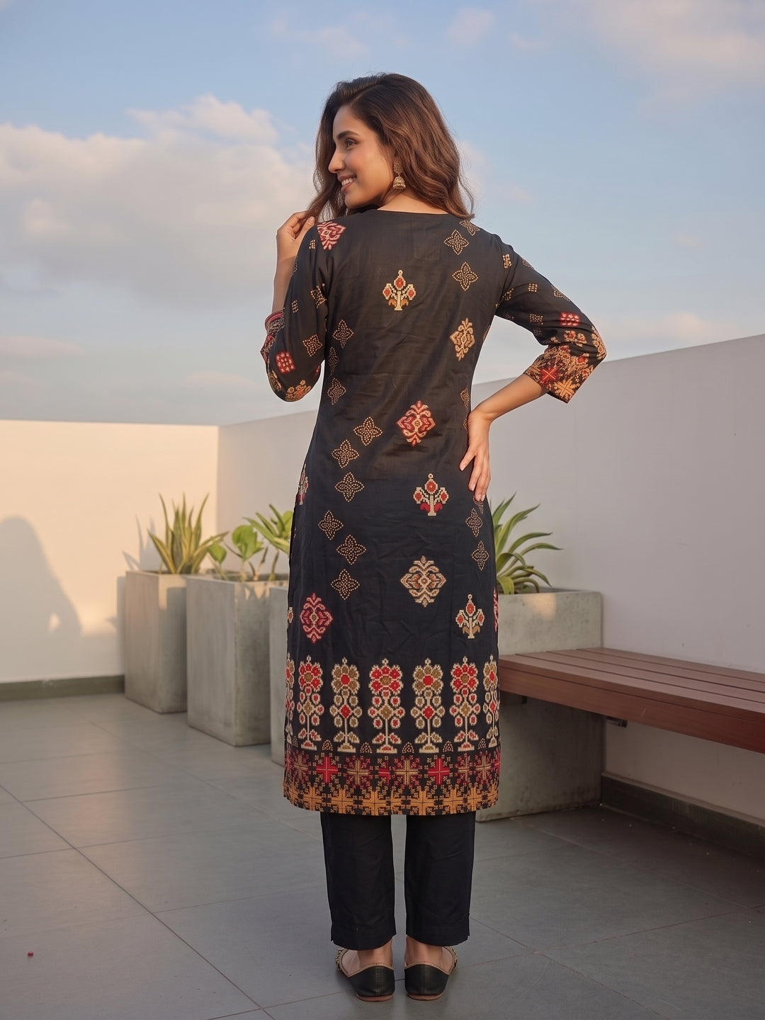 Ethnic Floral Printed Straight Kurta with Pant & Dupatta - Black