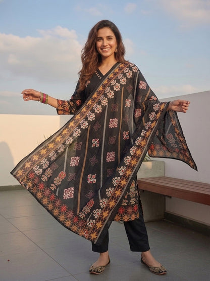 Ethnic Floral Printed Straight Kurta with Pant & Dupatta - Black