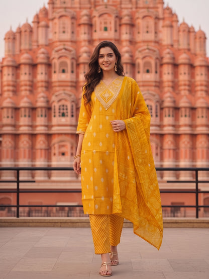 Bandhani Printed & Embroidered Straight Kurta with Palazzo & Dupatta - Yellow