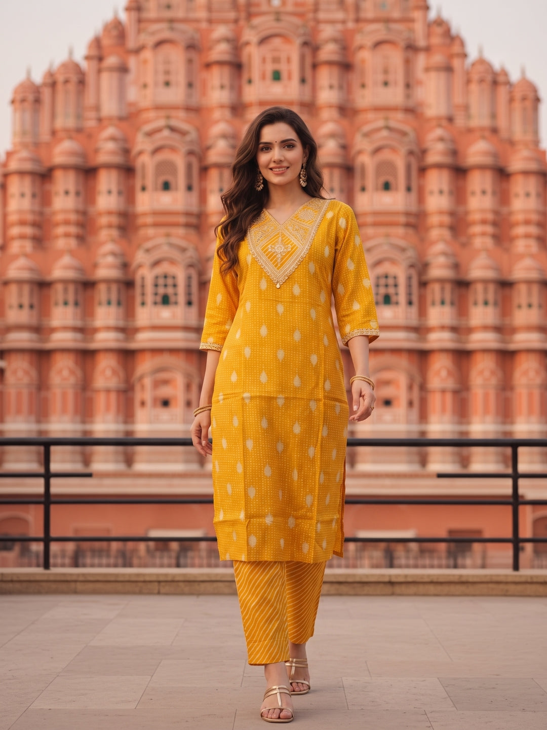 Bandhani Printed & Embroidered Straight Kurta with Palazzo & Dupatta - Yellow