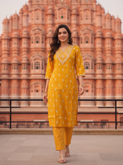 Bandhani Printed & Embroidered Straight Kurta with Palazzo & Dupatta - Yellow