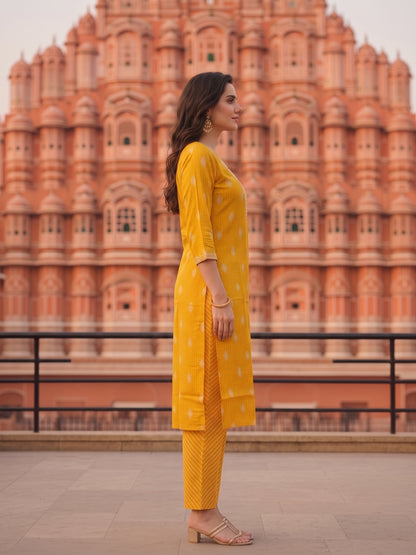 Bandhani Printed & Embroidered Straight Kurta with Palazzo & Dupatta - Yellow