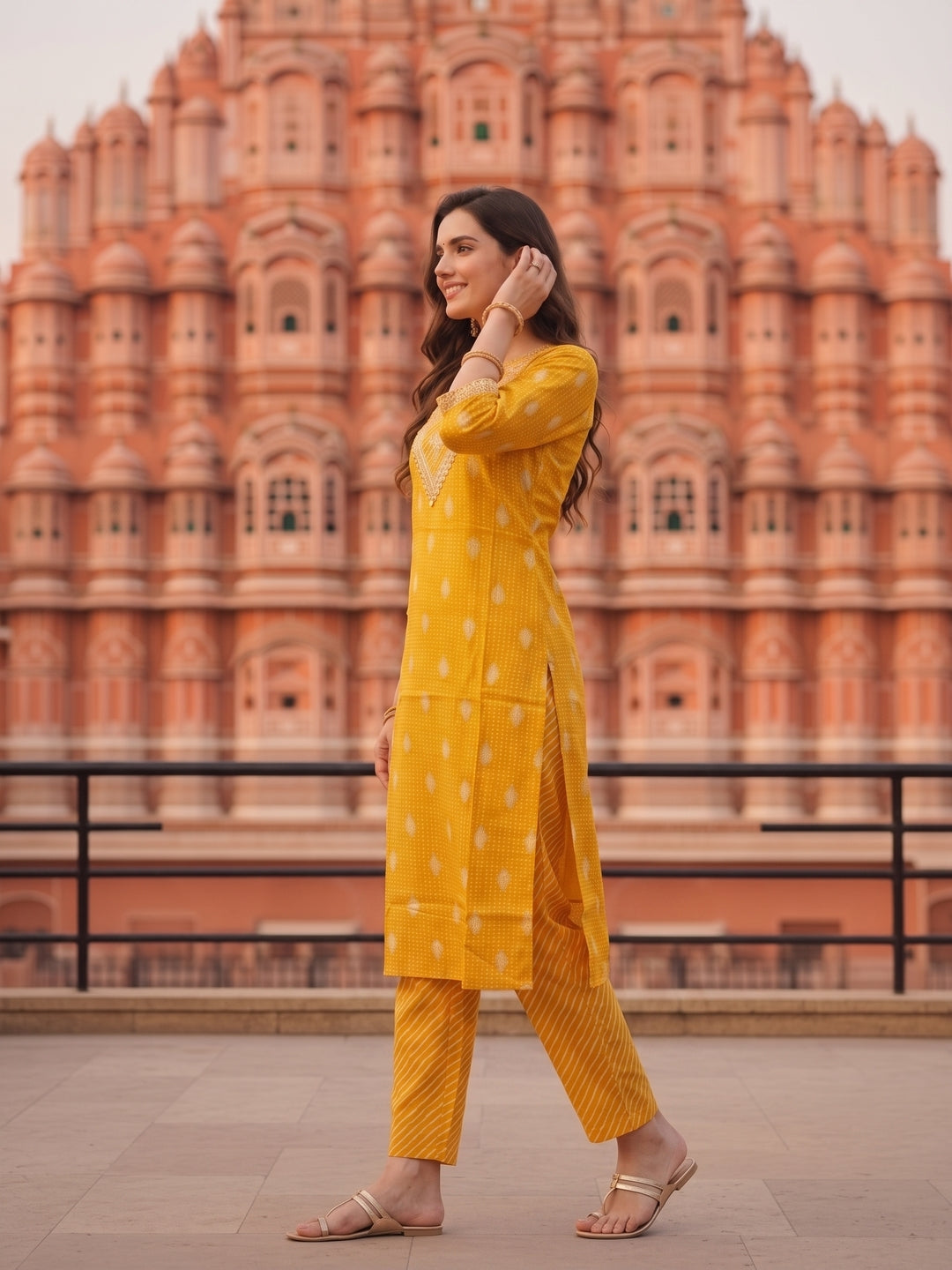 Bandhani Printed & Embroidered Straight Kurta with Palazzo & Dupatta - Yellow