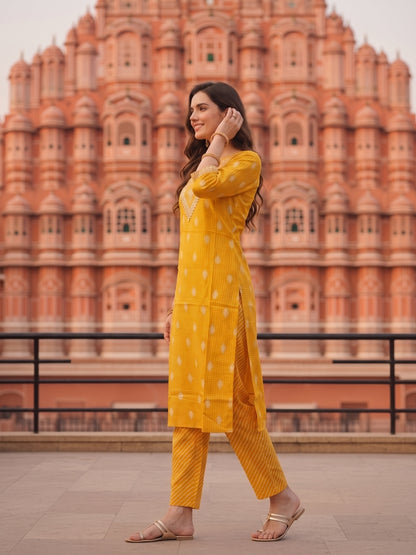 Bandhani Printed & Embroidered Straight Kurta with Palazzo & Dupatta - Yellow