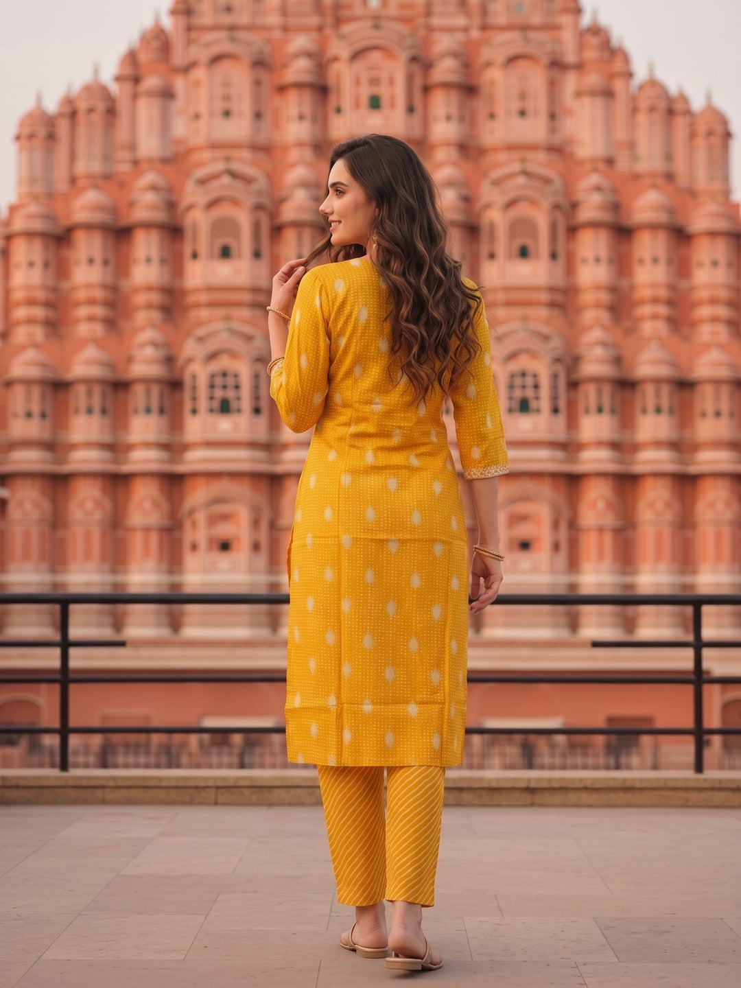 Bandhani Printed & Embroidered Straight Kurta with Palazzo & Dupatta - Yellow