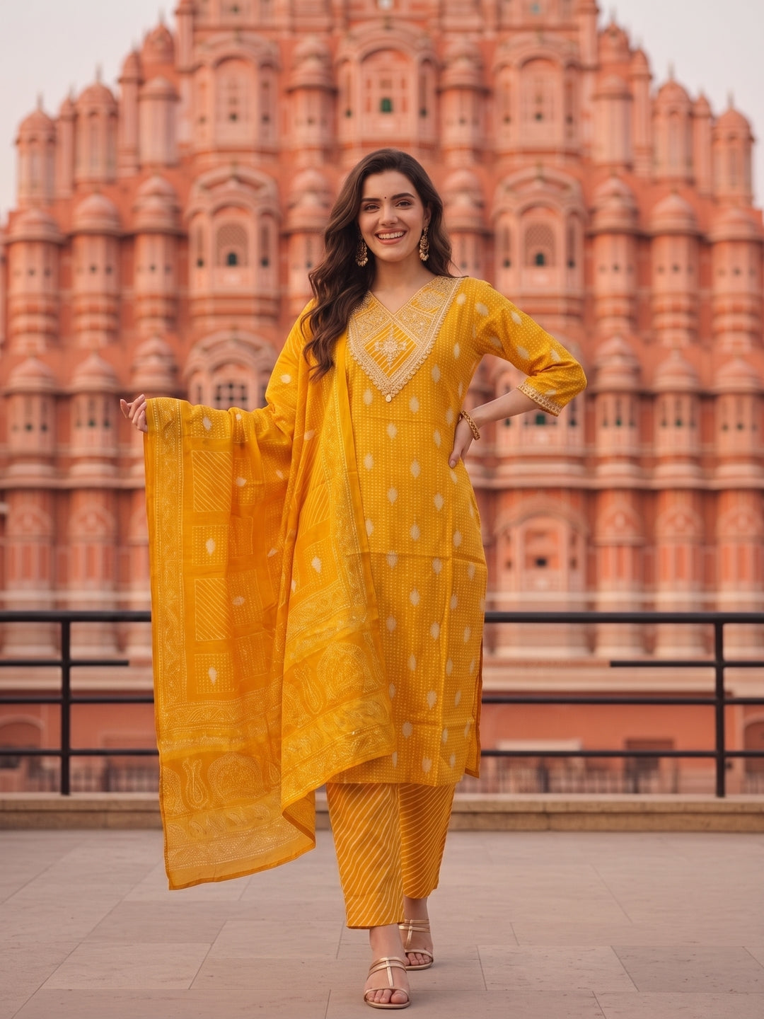 Bandhani Printed & Embroidered Straight Kurta with Palazzo & Dupatta - Yellow