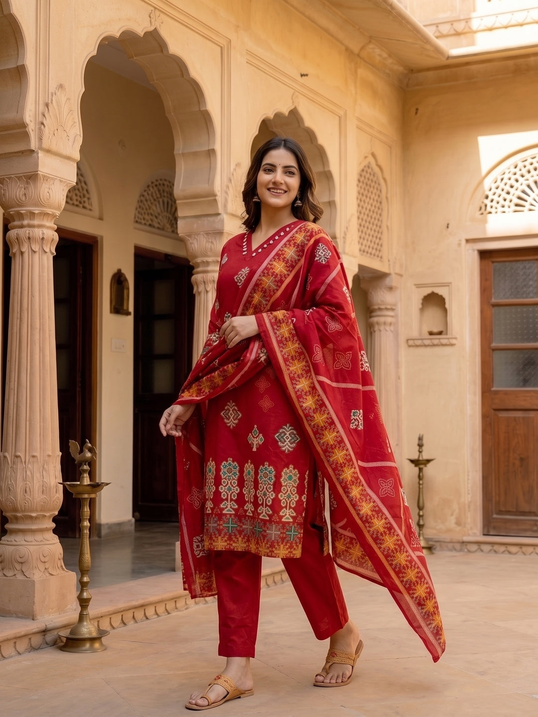 Ethnic Floral Printed Straight Kurta with Pant and Dupatta - Maroon