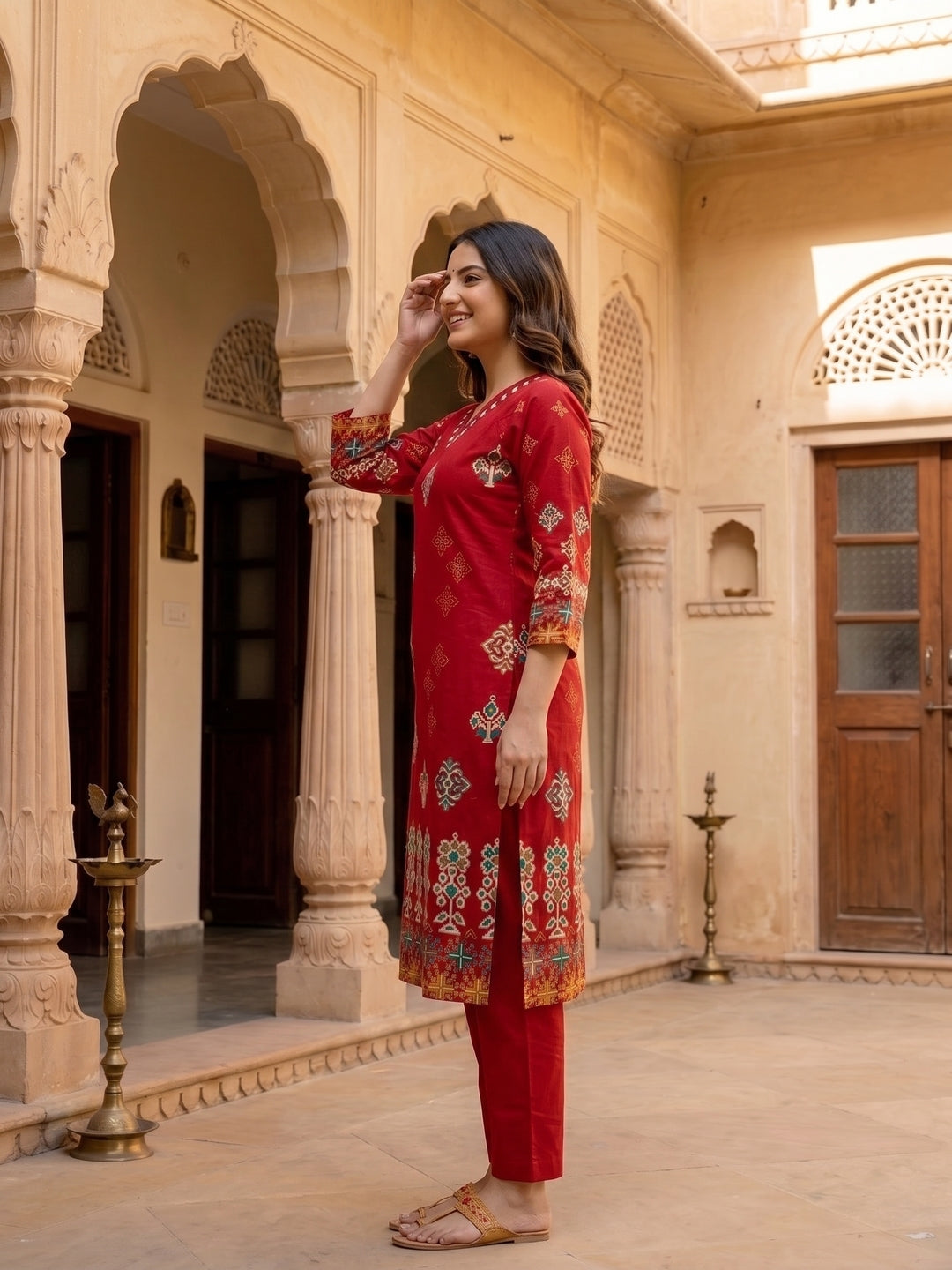 Ethnic Floral Printed Straight Kurta with Pant and Dupatta - Maroon
