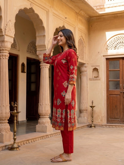 Ethnic Floral Printed Straight Kurta with Pant and Dupatta - Maroon