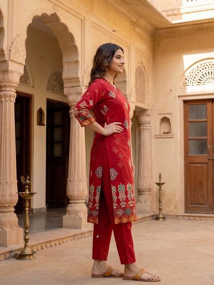 Ethnic Floral Printed Straight Kurta with Pant and Dupatta - Maroon