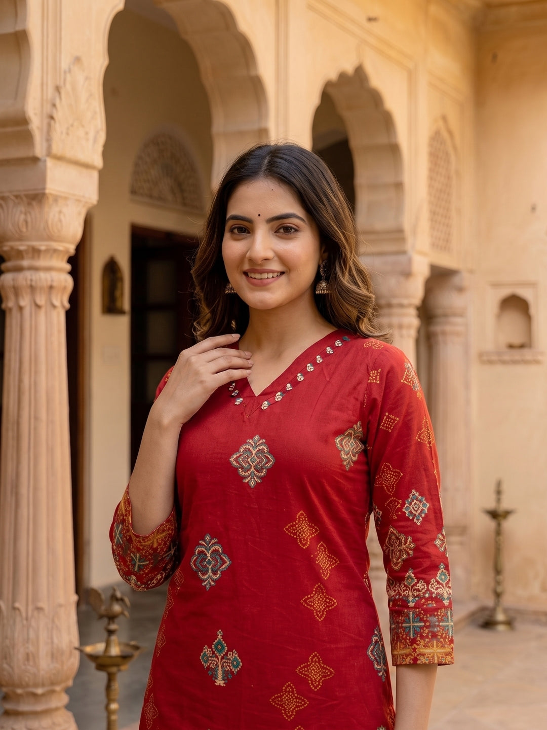 Ethnic Floral Printed Straight Kurta with Pant and Dupatta - Maroon