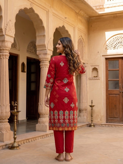 Ethnic Floral Printed Straight Kurta with Pant and Dupatta - Maroon