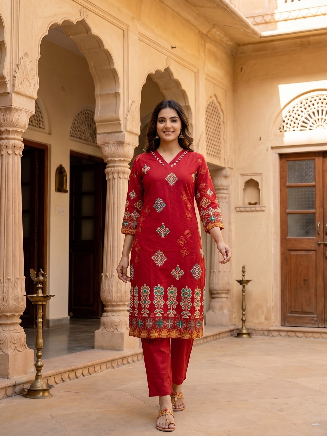 Ethnic Floral Printed Straight Kurta with Pant and Dupatta - Maroon