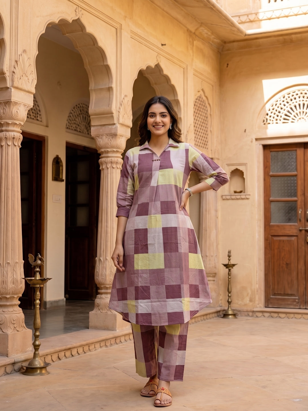 Checks Printed A-Line Co-ord Set - Purple