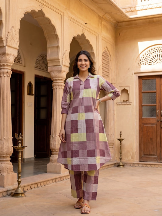 Checks Printed A-Line Co-ord Set - Purple