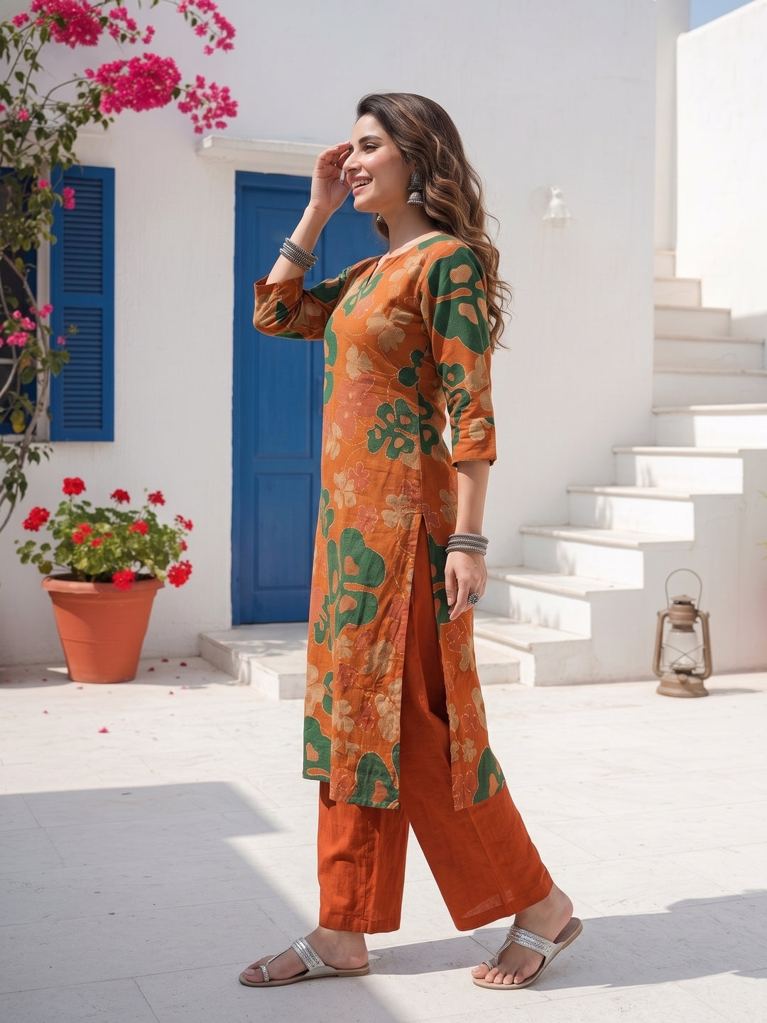 Abstract Floral Printed A-Line Co-ord Set - Orange