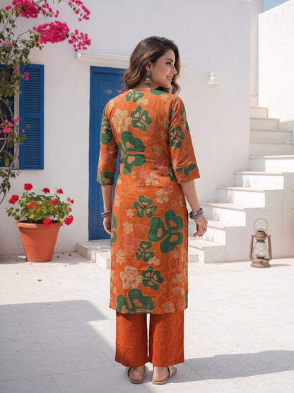 Abstract Floral Printed A-Line Co-ord Set - Orange