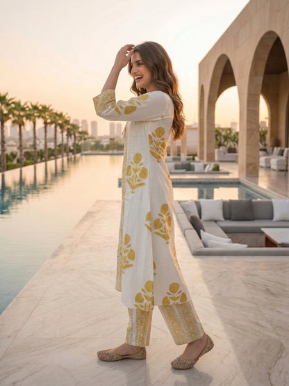Floral Block Printed A-Line Kurta with Palazzo - Yellow