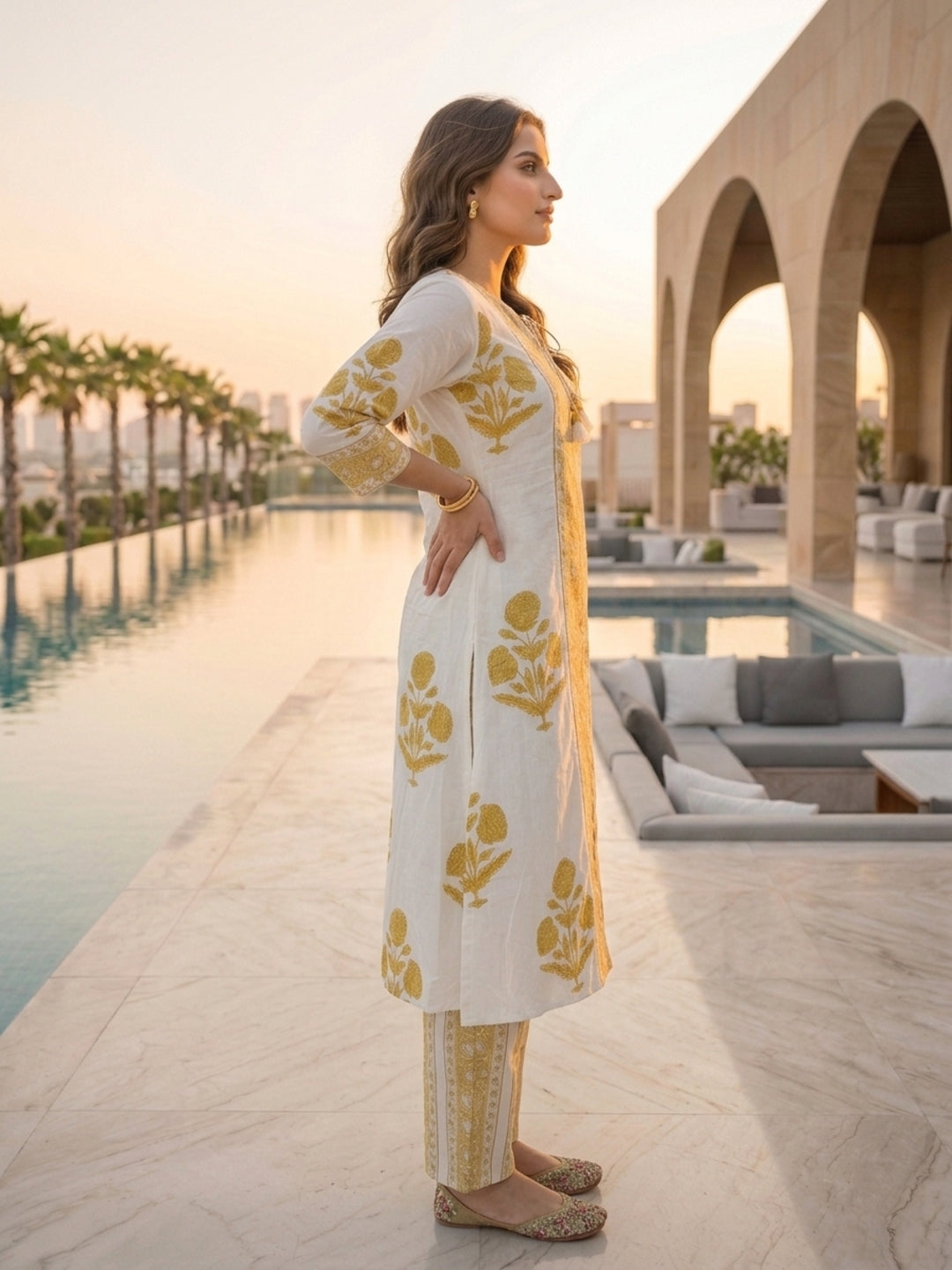 Floral Block Printed A-Line Kurta with Palazzo - Yellow