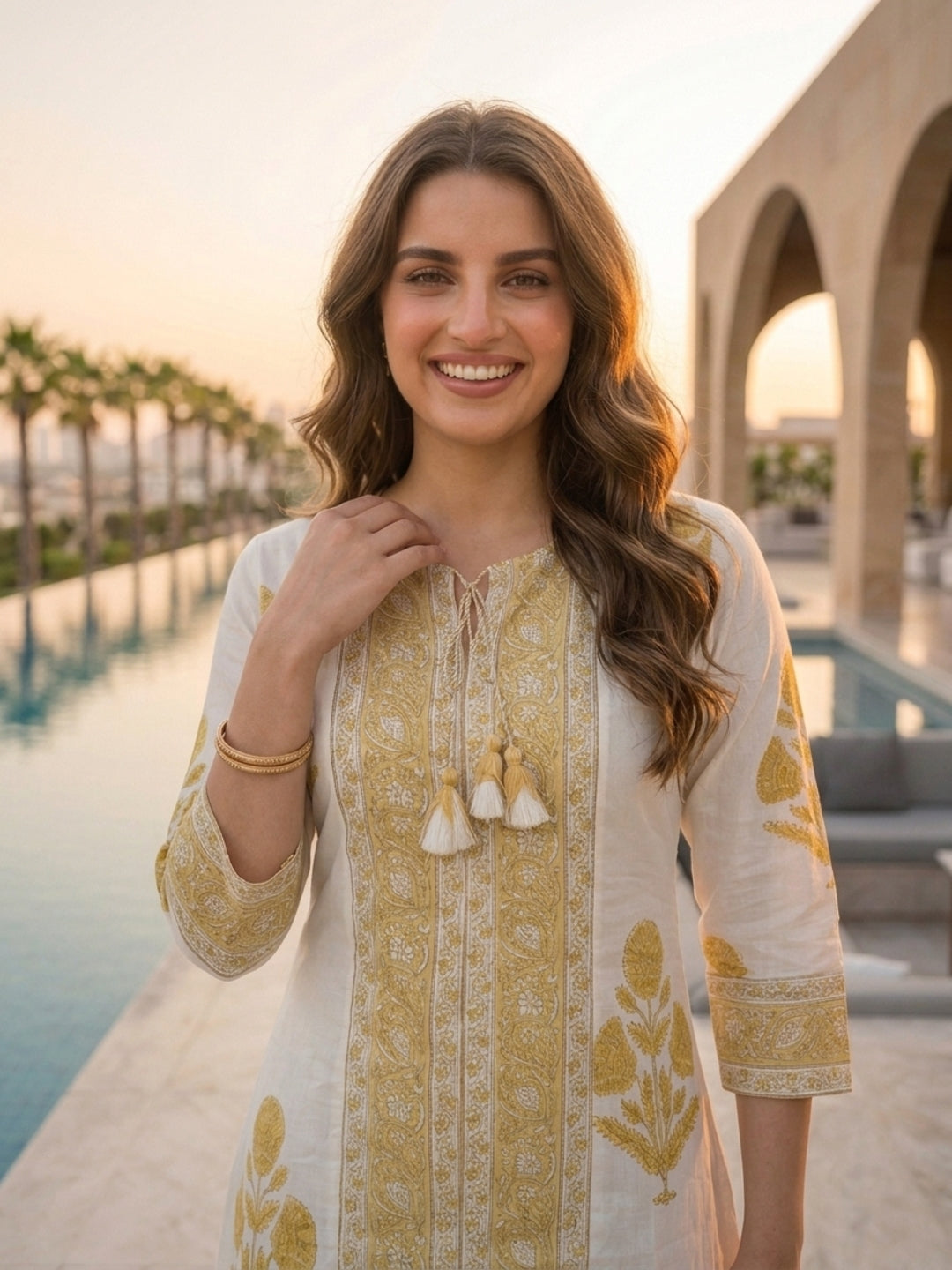 Floral Block Printed A-Line Kurta with Palazzo - Yellow