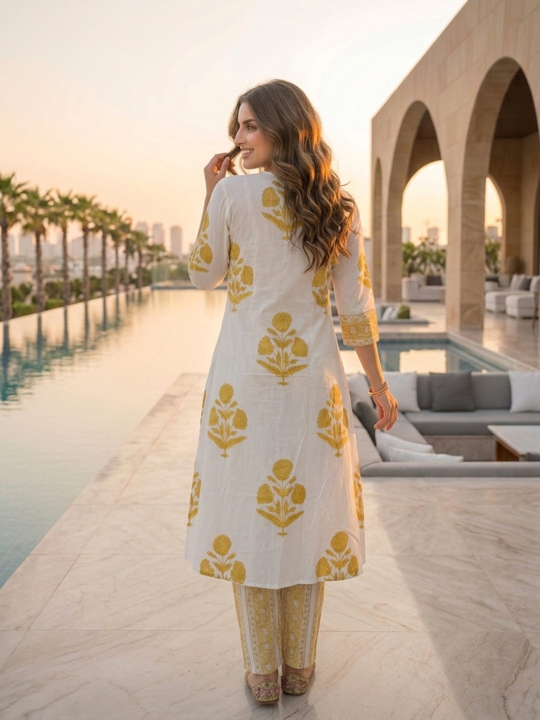 Floral Block Printed A-Line Kurta with Palazzo - Yellow