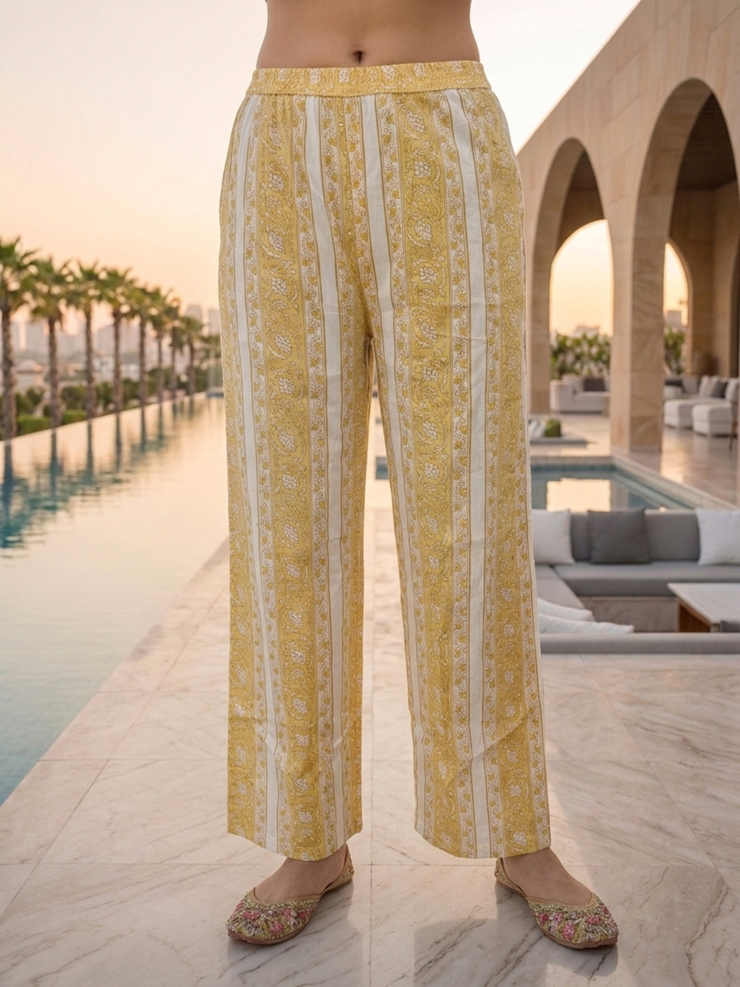 Floral Block Printed A-Line Kurta with Palazzo - Yellow