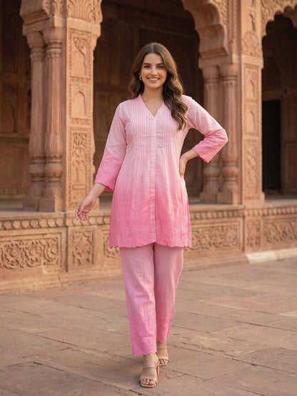 Solid Floral Schiffli Embroidered Ombre A-Line Co-ord Set - Pink
