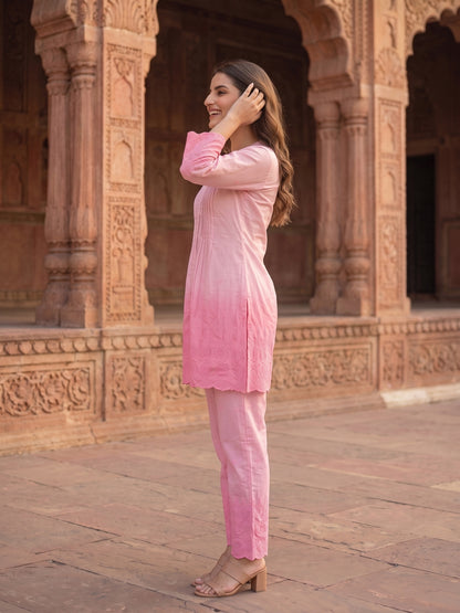 Solid Floral Schiffli Embroidered Ombre A-Line Co-ord Set - Pink