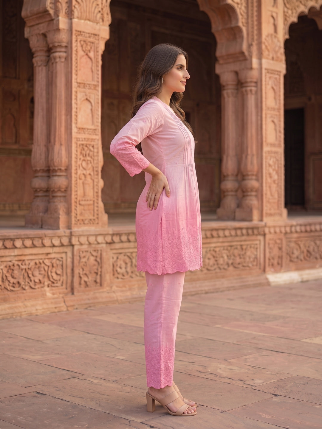 Solid Floral Schiffli Embroidered Ombre A-Line Co-ord Set - Pink