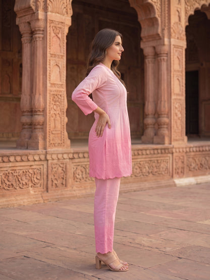Solid Floral Schiffli Embroidered Ombre A-Line Co-ord Set - Pink