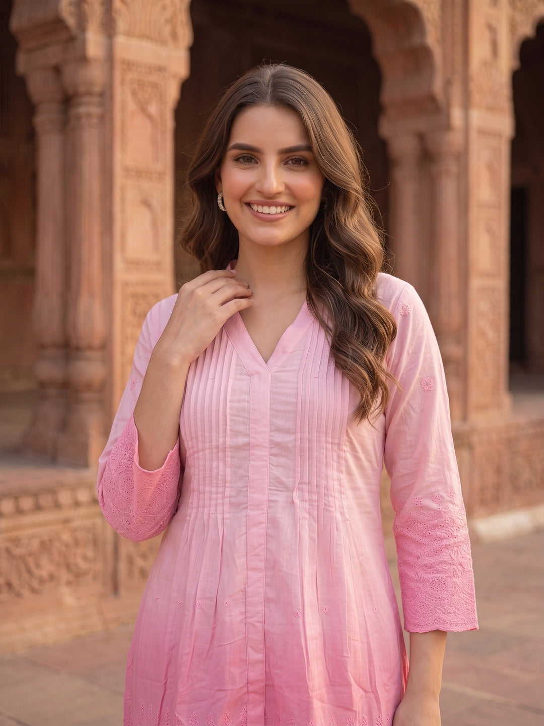 Solid Floral Schiffli Embroidered Ombre A-Line Co-ord Set - Pink