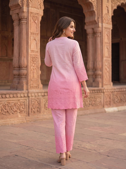 Solid Floral Schiffli Embroidered Ombre A-Line Co-ord Set - Pink