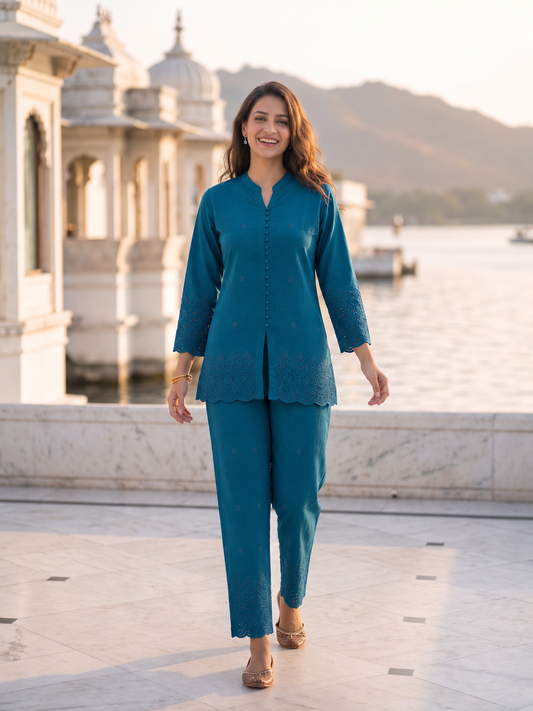 Solid Floral Schiffli Embroidered Straight Fit Co-ord Set - Teal Blue