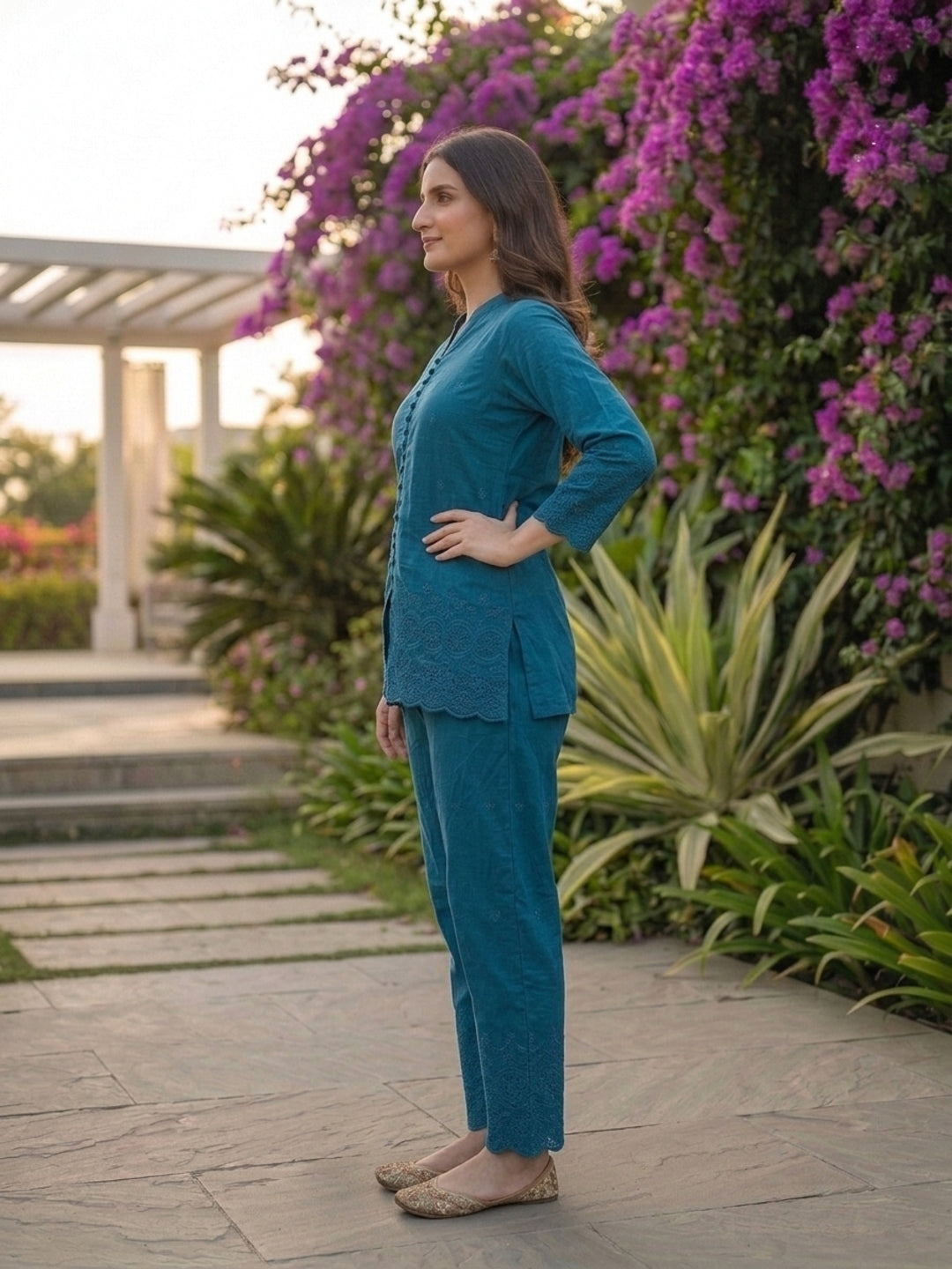 Solid Floral Schiffli Embroidered Straight Fit Co-ord Set - Teal Blue