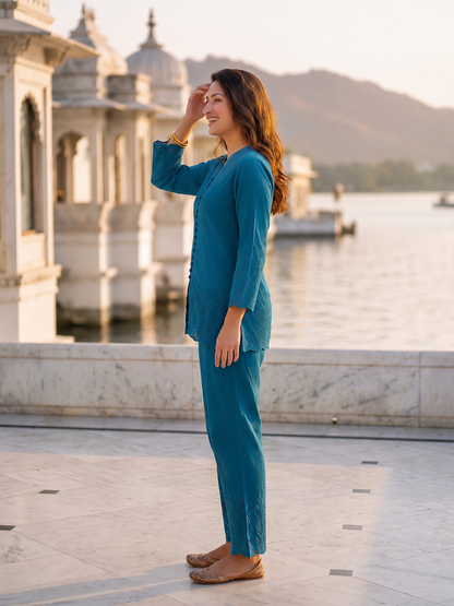 Solid Floral Schiffli Embroidered Straight Fit Co-ord Set - Teal Blue