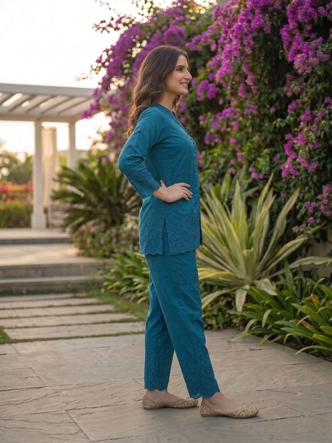 Solid Floral Schiffli Embroidered Straight Fit Co-ord Set - Teal Blue