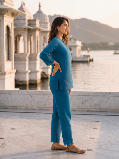 Solid Floral Schiffli Embroidered Straight Fit Co-ord Set - Teal Blue