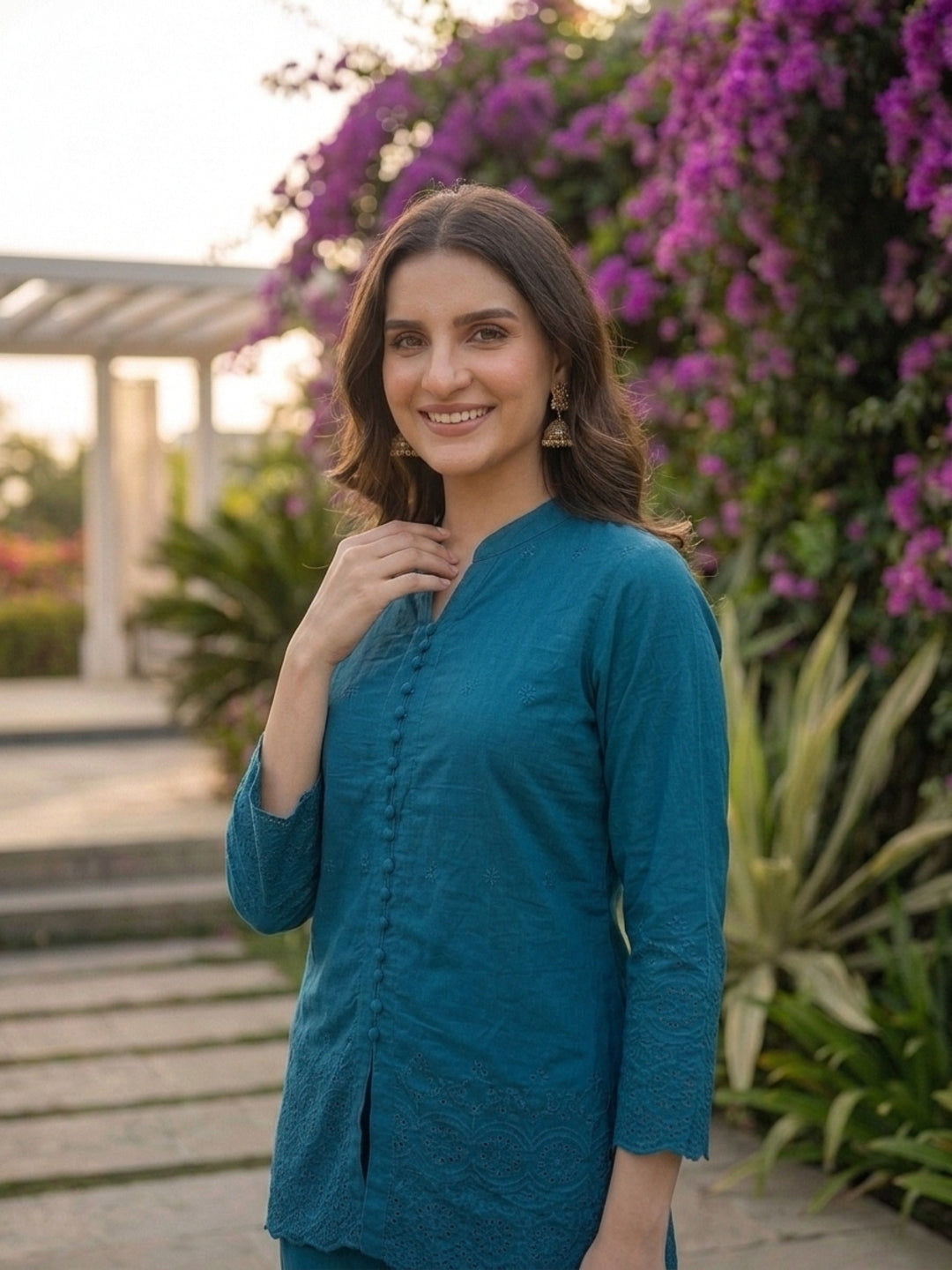 Solid Floral Schiffli Embroidered Straight Fit Co-ord Set - Teal Blue