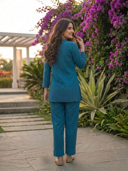 Solid Floral Schiffli Embroidered Straight Fit Co-ord Set - Teal Blue
